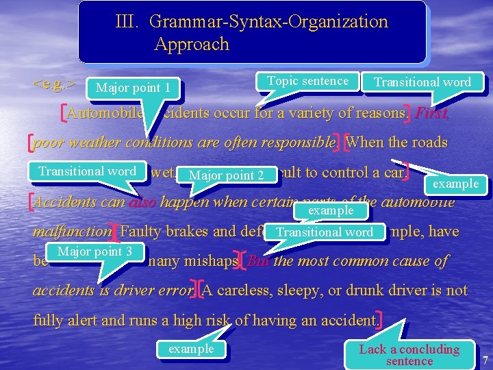 III. Grammar-Syntax-Organization Approach <e. g. > Major point 1 Topic sentence Transitional word Automobile