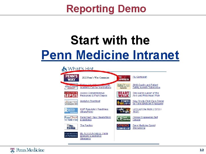 Reporting Demo Start with the Penn Medicine Intranet 12 