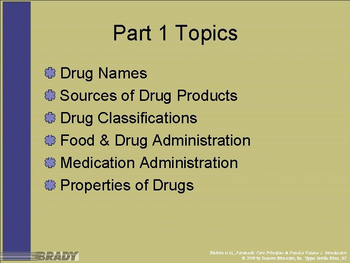 Part 1 Topics Drug Names Sources of Drug Products Drug Classifications Food & Drug