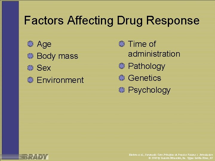 Factors Affecting Drug Response Age Body mass Sex Environment Time of administration Pathology Genetics
