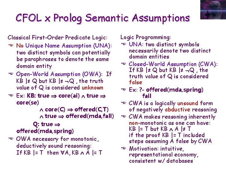 CFOL x Prolog Semantic Assumptions Classical First-Order Predicate Logic: E No Unique Name Assumption