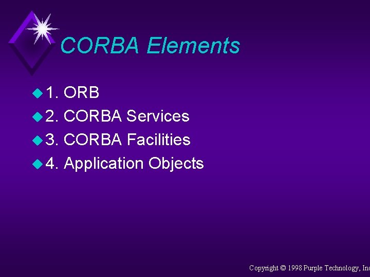 CORBA Elements u 1. ORB u 2. CORBA Services u 3. CORBA Facilities u