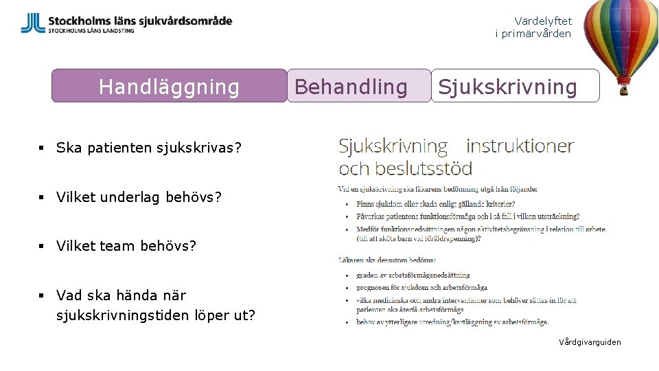 Värdelyftet i primärvården Handläggning Behandling Sjukskrivning § Ska patienten sjukskrivas? § Vilket underlag behövs?