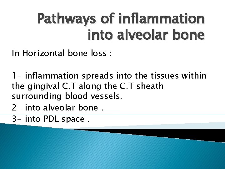 Pathways of inflammation into alveolar bone In Horizontal bone loss : 1 - inflammation