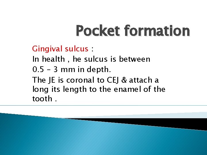 Pocket formation Gingival sulcus : In health , he sulcus is between 0. 5
