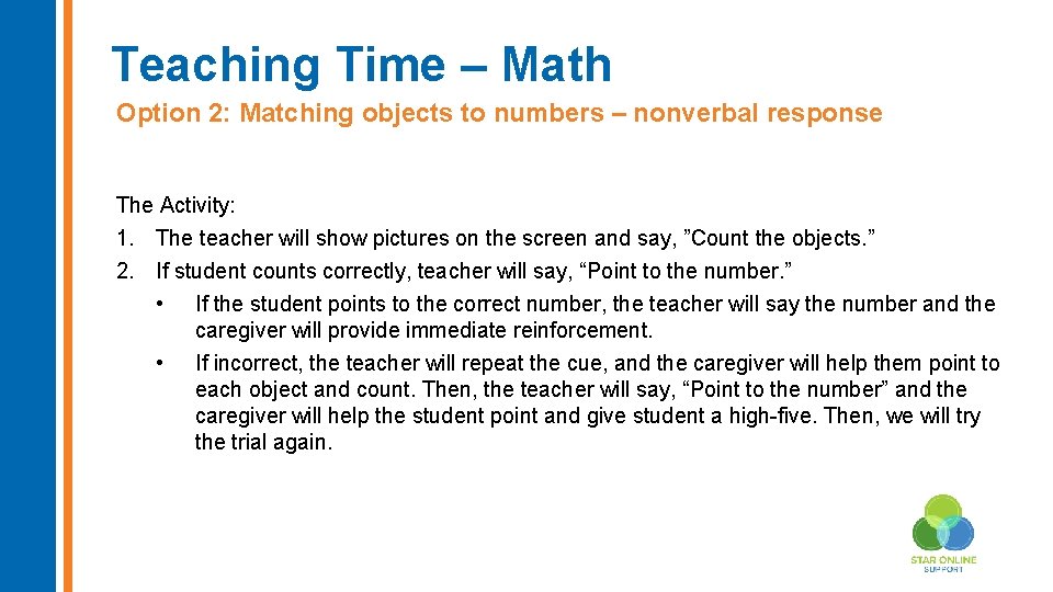 Teaching Time – Math Option 2: Matching objects to numbers – nonverbal response The