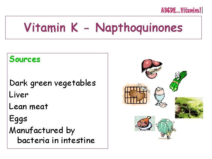 Vitamin K - Napthoquinones Sources Dark green vegetables Liver Lean meat Eggs Manufactured by
