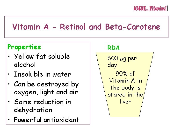 Vitamin A - Retinol and Beta-Carotene Properties • Yellow fat soluble alcohol • Insoluble