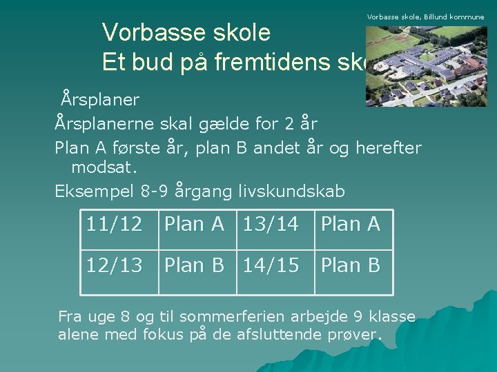 Vorbasse skole, Billund kommune Vorbasse skole Et bud på fremtidens skole Årsplanerne skal gælde