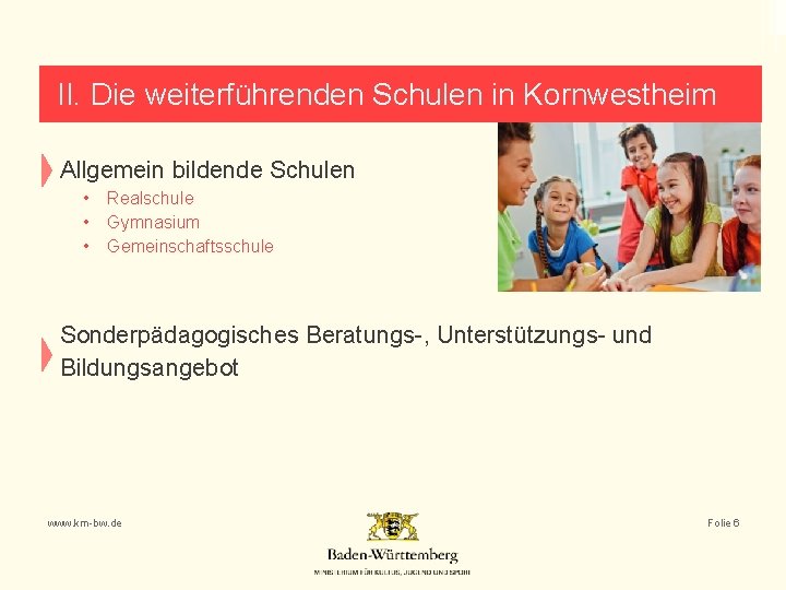 II. Die weiterführenden Schulen in Kornwestheim Allgemein bildende Schulen • • • Realschule Gymnasium