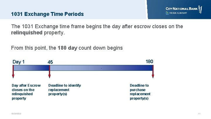 1031 Exchange Time Periods The 1031 Exchange time frame begins the day after escrow