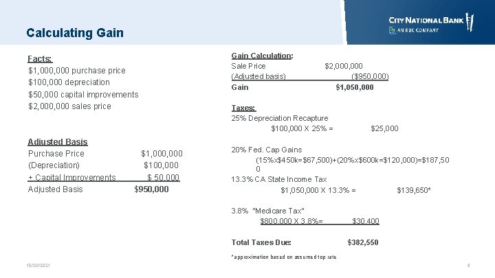 Calculating Gain Facts: $1, 000 purchase price $100, 000 depreciation $50, 000 capital improvements