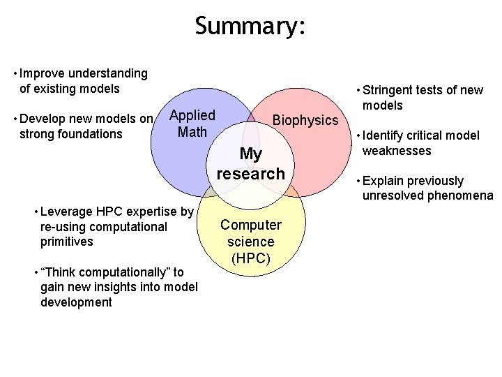 Summary: • Improve understanding of existing models • Develop new models on strong foundations