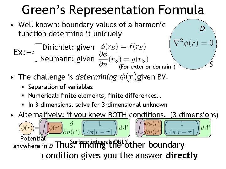 Green’s Representation Formula • Well known: boundary values of a harmonic function determine it