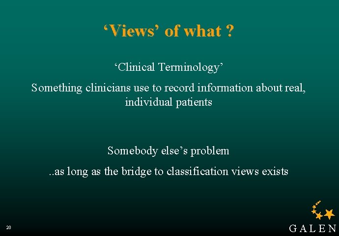 ‘Views’ of what ? ‘Clinical Terminology’ Something clinicians use to record information about real,