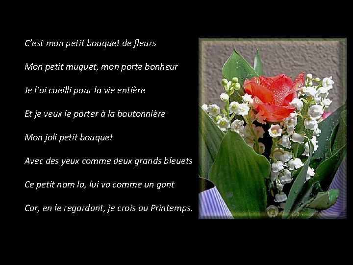 C’est mon petit bouquet de fleurs Mon petit muguet, mon porte bonheur Je l’ai