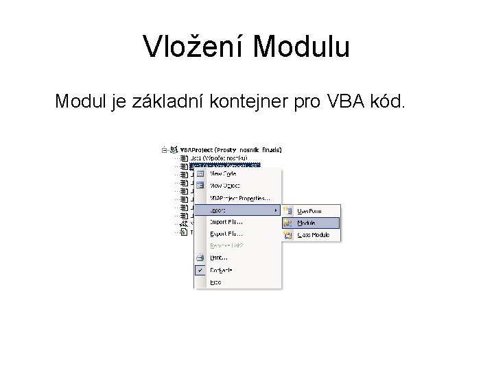 Vložení Modulu Modul je základní kontejner pro VBA kód. 