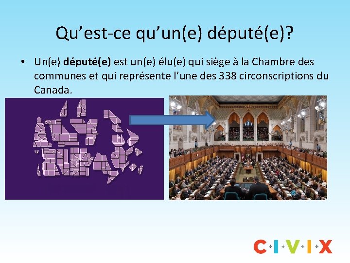 Qu’est-ce qu’un(e) député(e)? • Un(e) député(e) est un(e) élu(e) qui siège à la Chambre