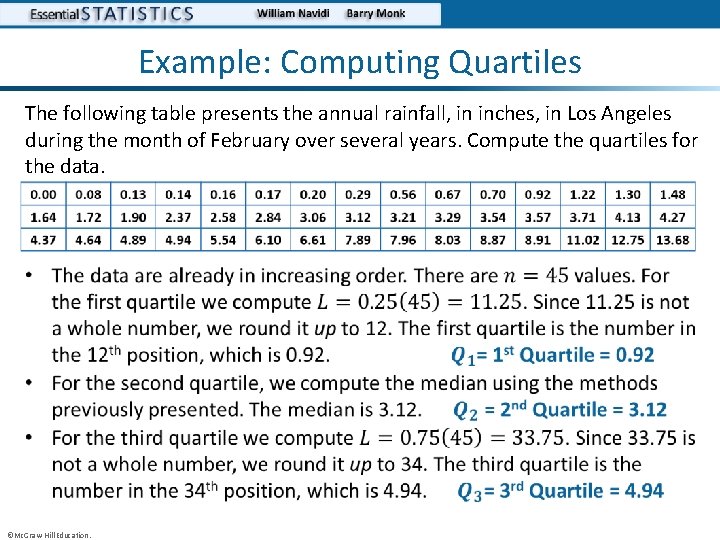 Example: Computing Quartiles The following table presents the annual rainfall, in inches, in Los