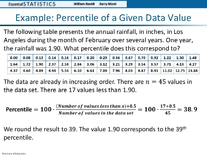 Example: Percentile of a Given Data Value The following table presents the annual rainfall,
