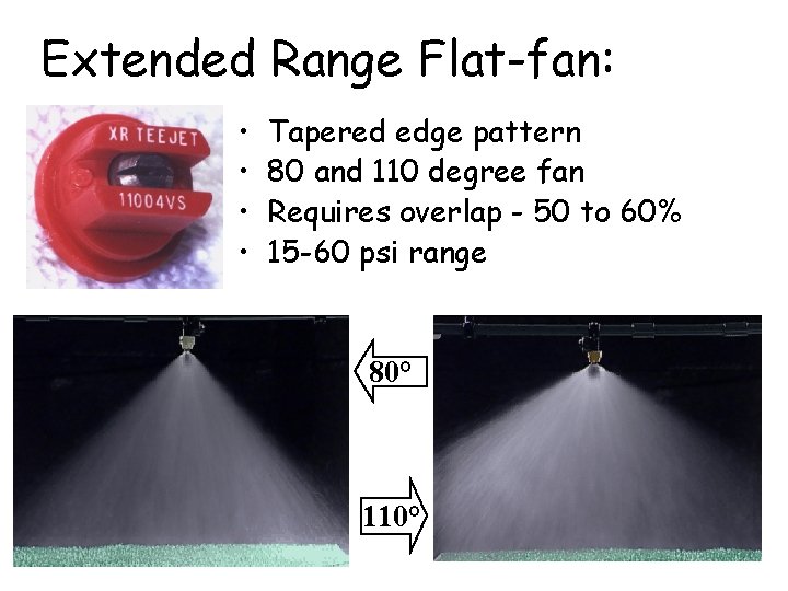 Extended Range Flat-fan: • • Tapered edge pattern 80 and 110 degree fan Requires