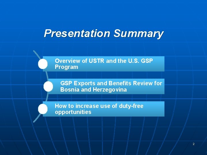 Presentation Summary Overview of USTR and the U. S. GSP Program GSP Exports and