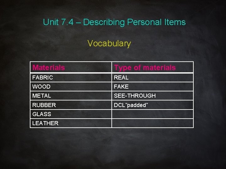 Unit 7. 4 – Describing Personal Items Vocabulary Materials Type of materials FABRIC REAL
