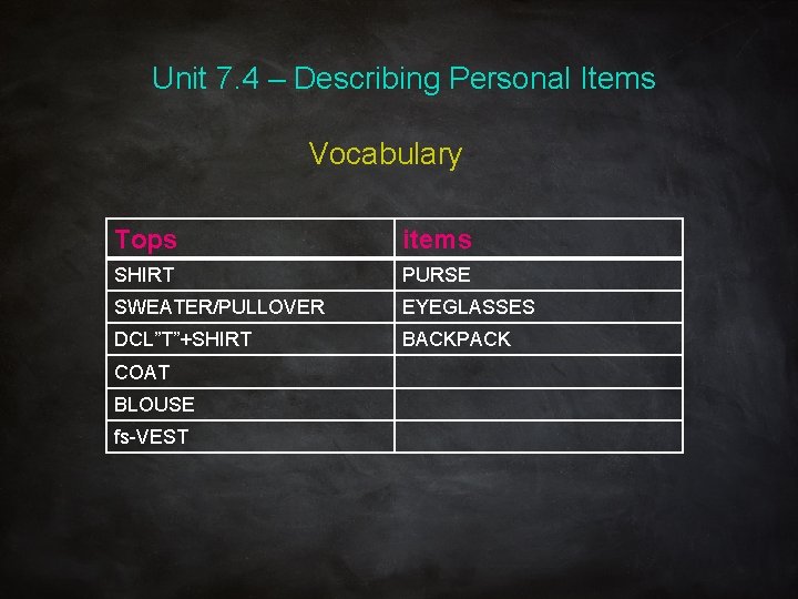 Unit 7. 4 – Describing Personal Items Vocabulary Tops items SHIRT PURSE SWEATER/PULLOVER EYEGLASSES