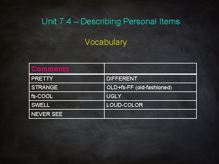 Unit 7. 4 – Describing Personal Items Vocabulary Comments PRETTY DIFFERENT STRANGE OLD+fs-FF (old-fashioned)