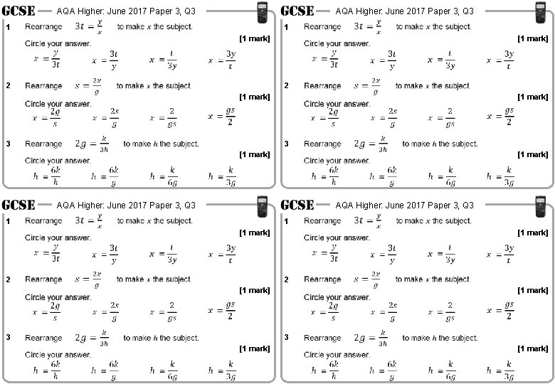 AQA Higher: June 2017 Paper 3, Q 3 1 1 [1 mark] 2 [1