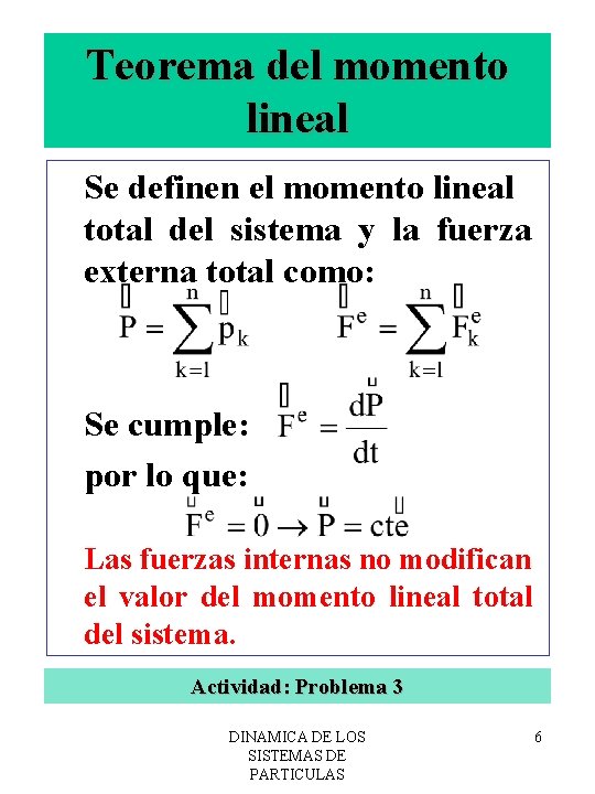 Teorema del momento lineal Se definen el momento lineal total del sistema y la