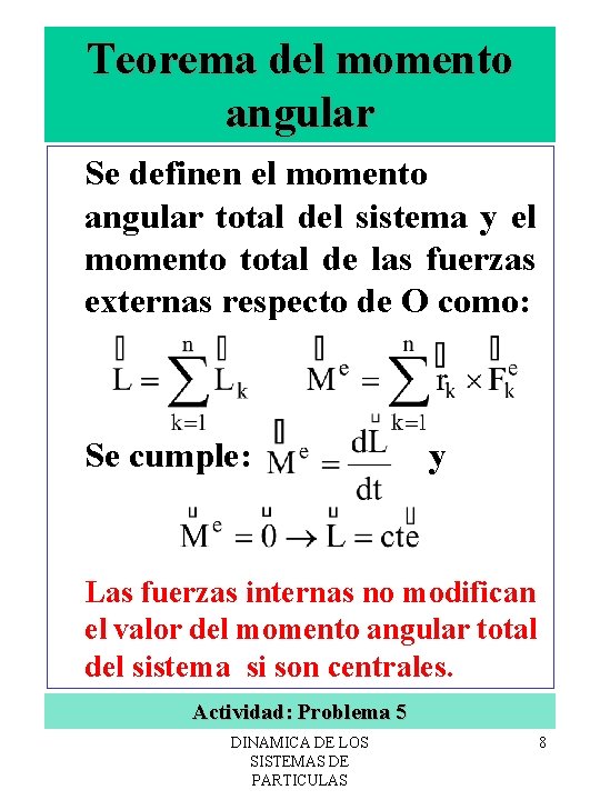 Teorema del momento angular Se definen el momento angular total del sistema y el