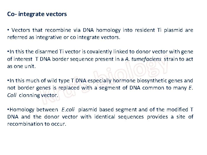 Co- integrate vectors • Vectors that recombine via DNA homology into resident Ti plasmid