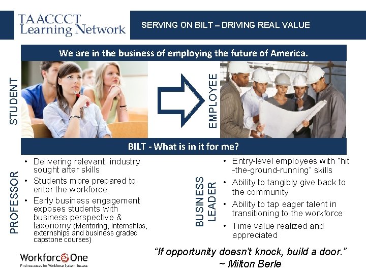 SERVING ON BILT – DRIVING REAL VALUE STUDENT EMPLOYEE We are in the business