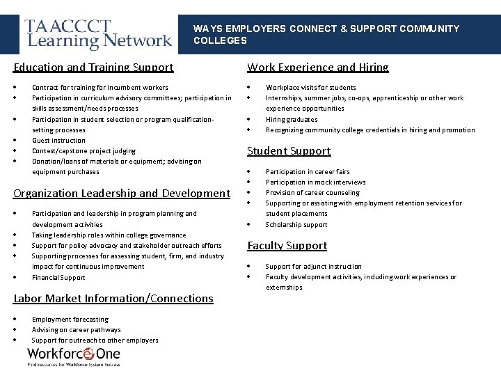 WAYS EMPLOYERS CONNECT & SUPPORT COMMUNITY COLLEGES Education and Training Support Work Experience and