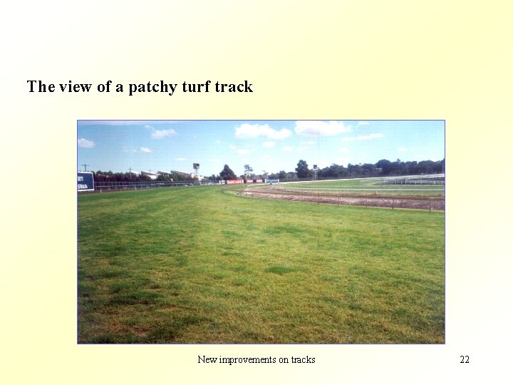 The view of a patchy turf track New improvements on tracks 22 