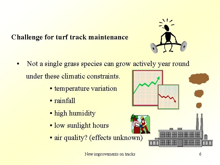 Challenge for turf track maintenance • Not a single grass species can grow actively