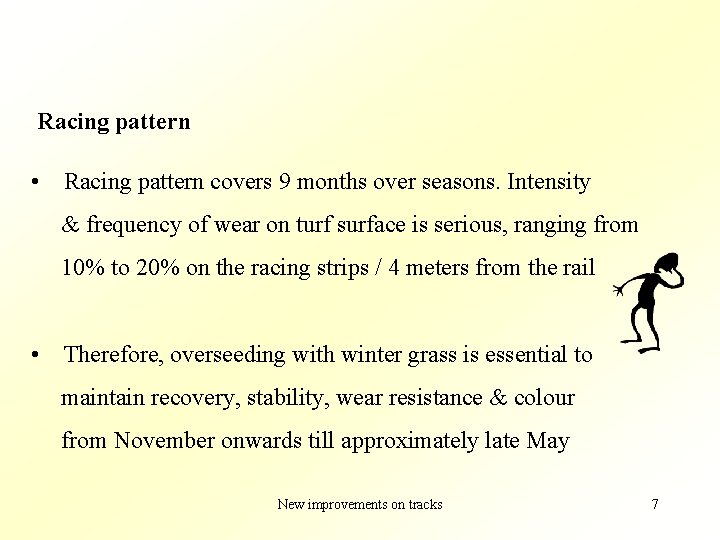 Racing pattern • Racing pattern covers 9 months over seasons. Intensity & frequency of