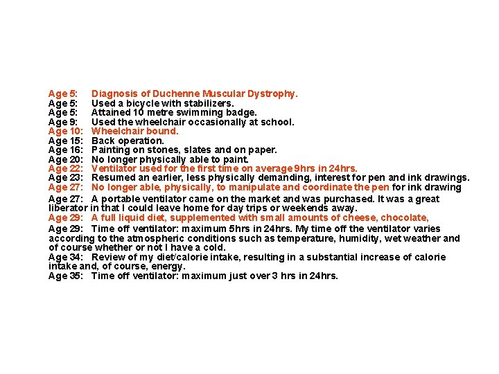 Age 5: Diagnosis of Duchenne Muscular Dystrophy. Age 5: Used a bicycle with stabilizers.