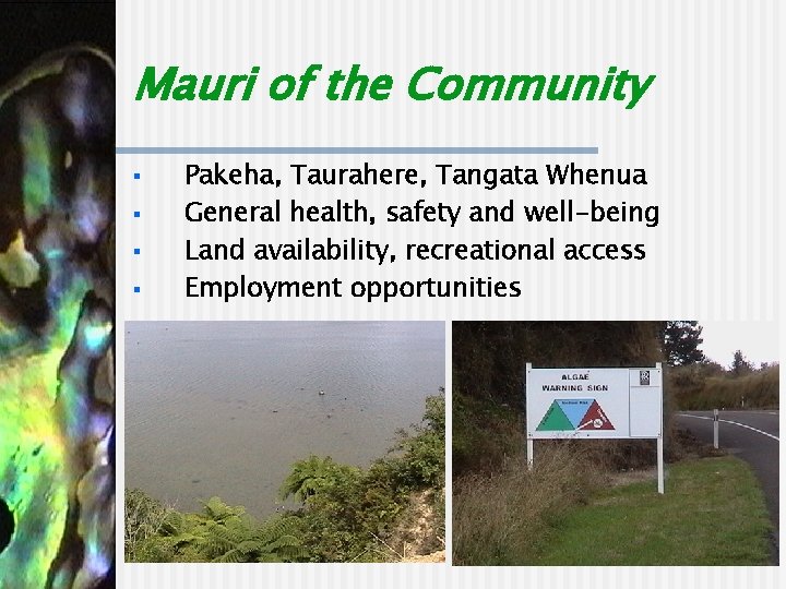 Mauri of the Community § § Pakeha, Taurahere, Tangata Whenua General health, safety and