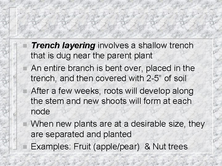 n n n Trench layering involves a shallow trench that is dug near the