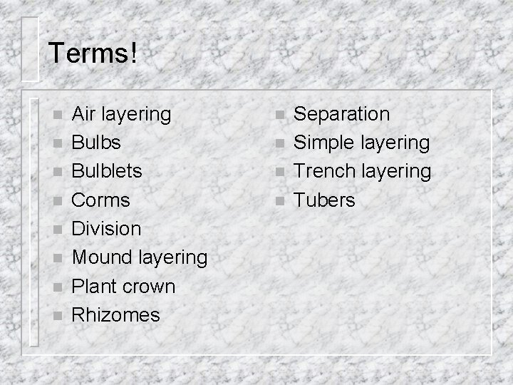 Terms! n n n n Air layering Bulbs Bulblets Corms Division Mound layering Plant