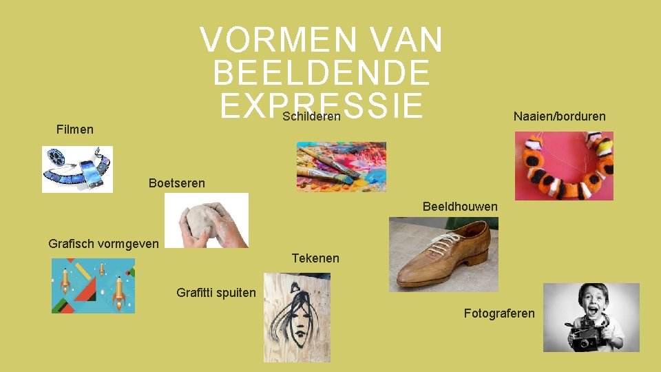 VORMEN VAN BEELDENDE EXPRESSIE Naaien/borduren Schilderen Filmen Boetseren Beeldhouwen Grafisch vormgeven Tekenen Grafitti spuiten