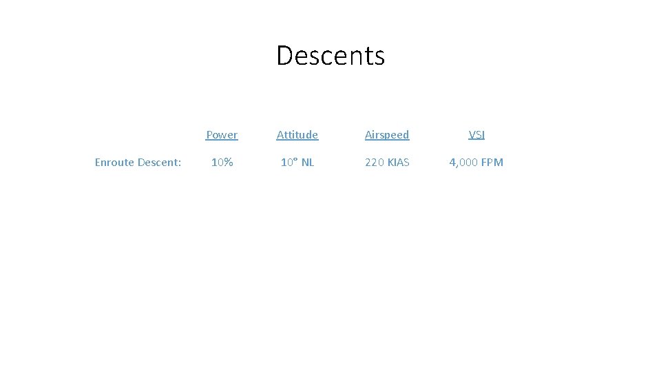 Descents Enroute Descent: Power Attitude Airspeed VSI 10% 10° NL 220 KIAS 4, 000