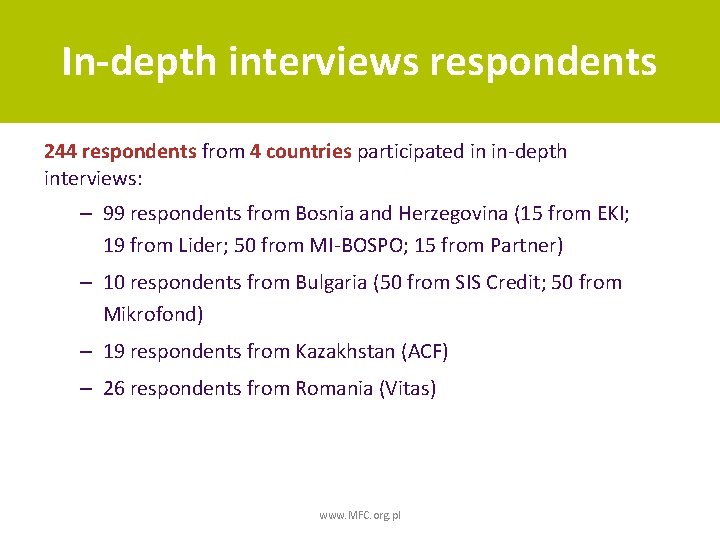 In-depth interviews respondents 244 respondents from 4 countries participated in in-depth interviews: – 99