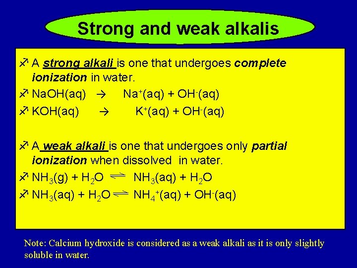 Strong and weak alkalis f A strong alkali is one that undergoes complete ionization