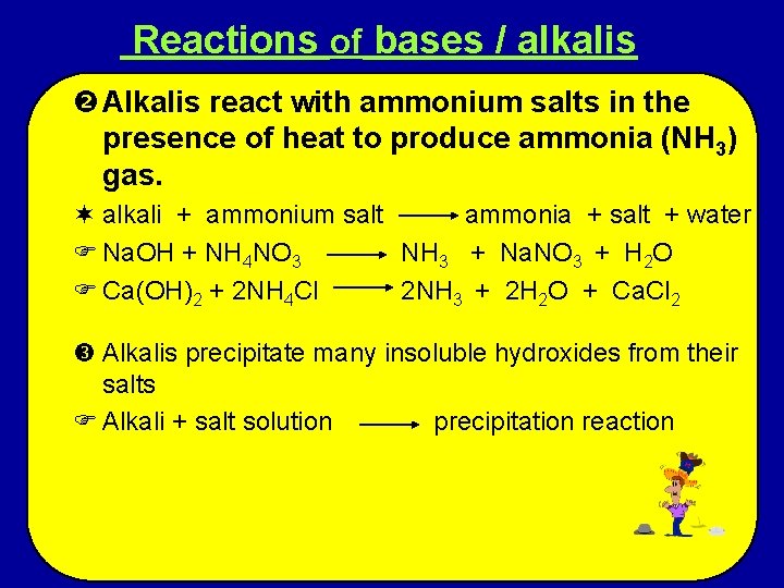 Reactions of bases / alkalis Alkalis react with ammonium salts in the presence of