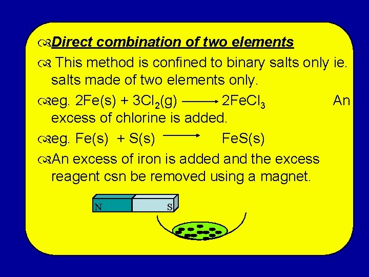  Direct combination of two elements This method is confined to binary salts only