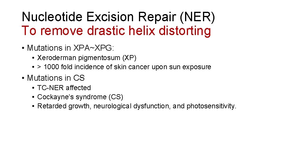 Nucleotide Excision Repair (NER) To remove drastic helix distorting • Mutations in XPA~XPG: •