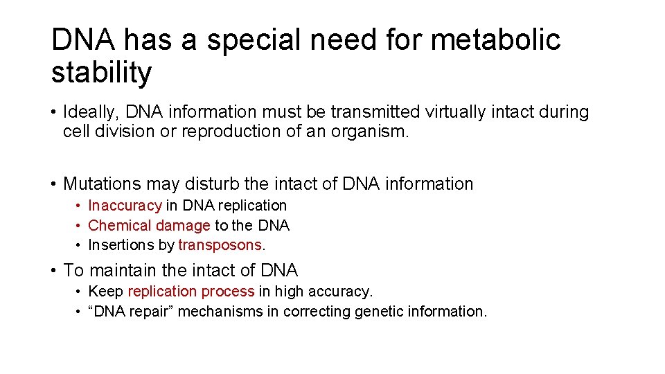 DNA has a special need for metabolic stability • Ideally, DNA information must be